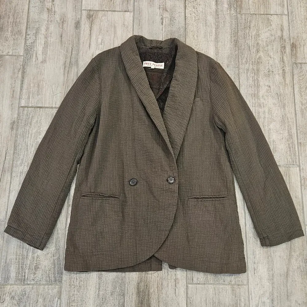 Free People Rowan Crinkled Cotton Blazer Womens S Deep Army Green Boho Chic Soft